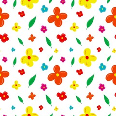 Seamless background with bright spring flowers and leaves. For textiles, wallpaper, paper and scrapbooking. Vector illustration isolated on white background.