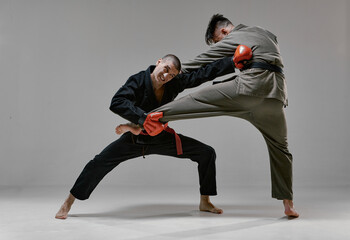 Fighting guys during mixed fight workout on gray studio background. Athletic males in kimono and boxing gloves training