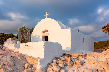 Monolithos castle church at sunset, Rhodes island, Greece