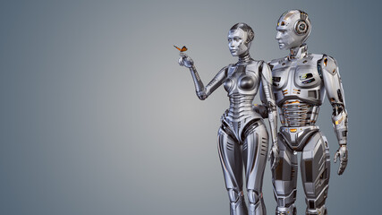3d render of two futuristic robots man and woman carefully looking at the butterfly sitting on female's forefinger. Upper bodies isolated on color background 