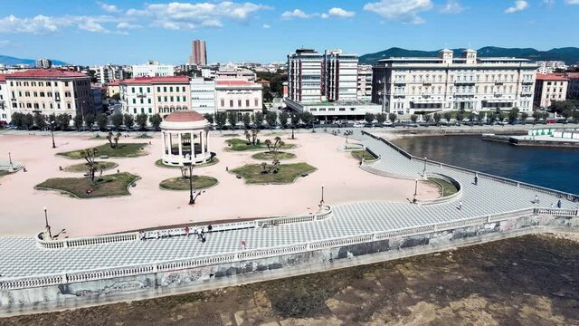 Amazing aerial view of Livorno and Mascagni Terrace, famous town of Tuscany. Slow motion