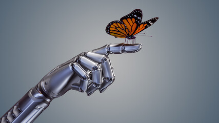 3d render of an orange butterfly sitting on a detailed robotic forefinger. Isolated on color background