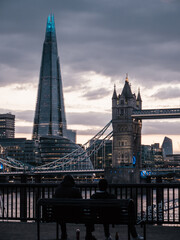 Fototapeta premium Tower Bridge and the Shard Skyline of London, United Kingdom at dawn
