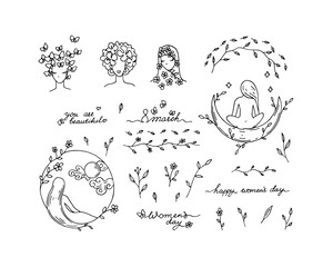 Set of Women’s Day face, lettering and floral design elements.