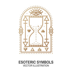 Esoteric symbols. Vector. Thin line geometric badge. Outline icon for alchemy or sacred geometry. Mystic and magic design with all-seeing eye and hourglass
