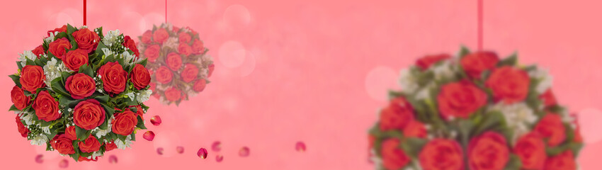 Red roses, white Alstroemeria, Gypsophila elegans in bouquets. Festive decoration.