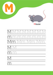 Letter M with a picture of mouse and seven lines of letter M writing practice. Handwriting practice and alphabet learning.