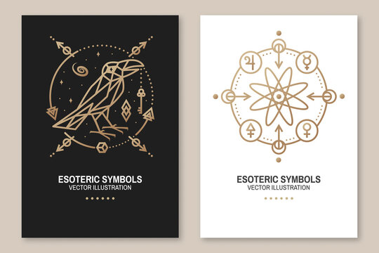 Esoteric symbols poster, flyer. Vector. Thin line geometric badge. Outline icon for alchemy, sacred geometry. Mystic, magic design with atom, crow and galaxy