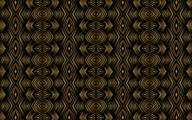 Ethnic vertical gold pattern from geometric shapes. Abstract texture on a black background.Vector graphics for design and decor, wallpaper.