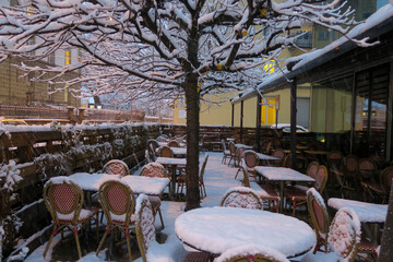 restaurant garden terrace covered in snow