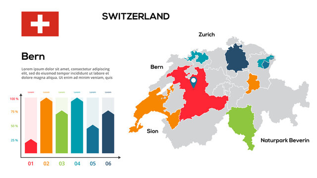 Switzerland map. image of a global map in the form of regions of Switzerland regions. Country flag. Infographic timeline. Easy to edit