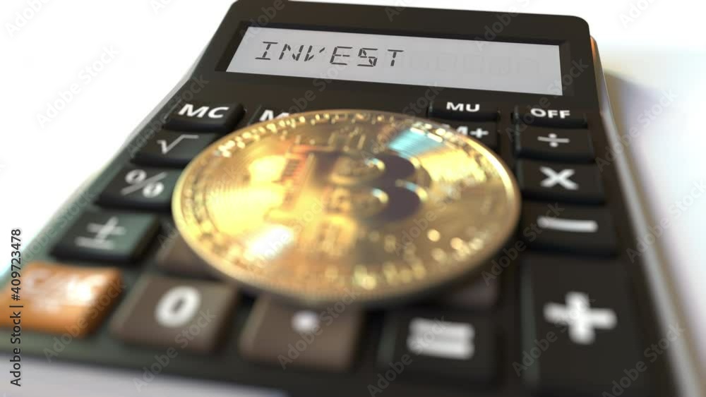 Poster bitcoin money symbol on the keys and invest text on calculator display, conceptual 3d animation