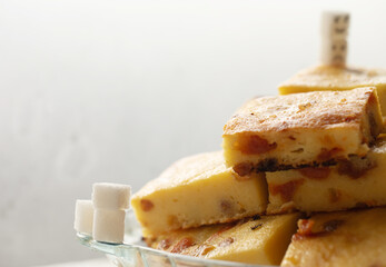 Cottage cheese casserole with raisins filling.