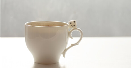 White sugar cube on cup of coffee. Smile. Concept.