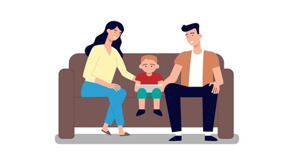 friendly happy family sitting on the couch at home. Mother, father and son. Parents and a child spend time together. 2d flat style. Stock vector illustration isolated on white background