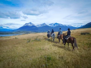 Fotobehang Paardrijden Four people enyojing to horse riding in Patagonia, Torres del Paine national park, near the lago Sophia, Puerto Natales. Incredible landscape.  © bajla