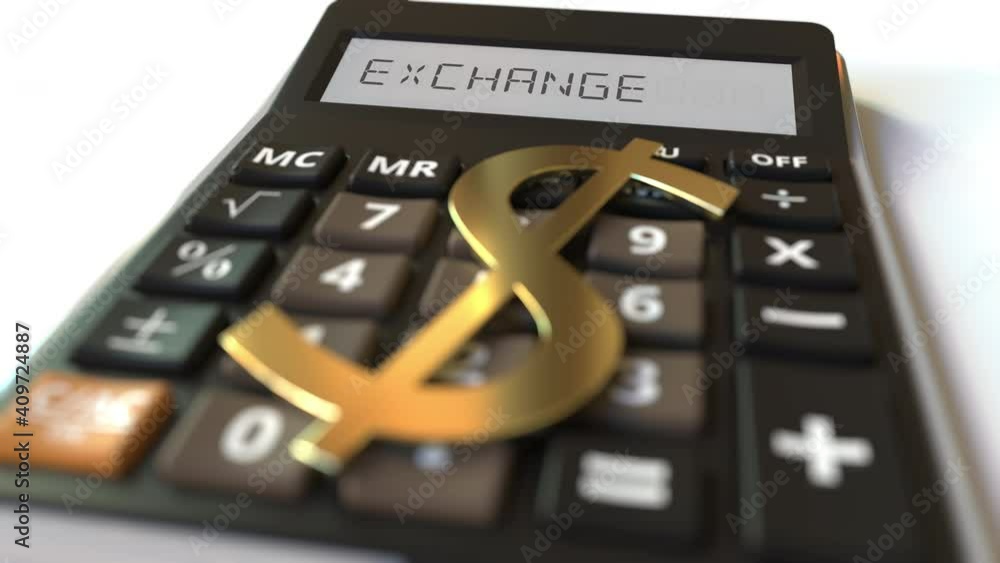 Poster dollar money symbol on the keys and exchange text on calculator display, conceptual 3d animation