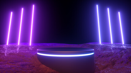 3D Illustration. Modern futuristic glowing neon lights and podium. Futuristic and sci-fi concept.