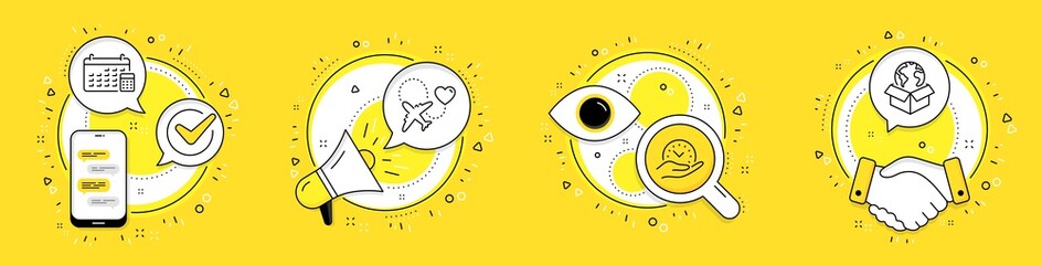 Safe time, Honeymoon travel and Calendar line icons set. Cell phone, megaphone and deal vector icons. Delivery service sign. Management, Love trip, Calculator device. International parcel. Vector