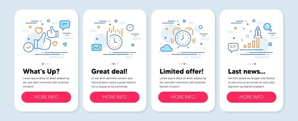 Set of Business icons, such as Like, Time management, Fast delivery symbols. Mobile app mockup banners. Development plan line icons. Thumbs up, Alarm clock, Stopwatch. Strategy. Like icons. Vector
