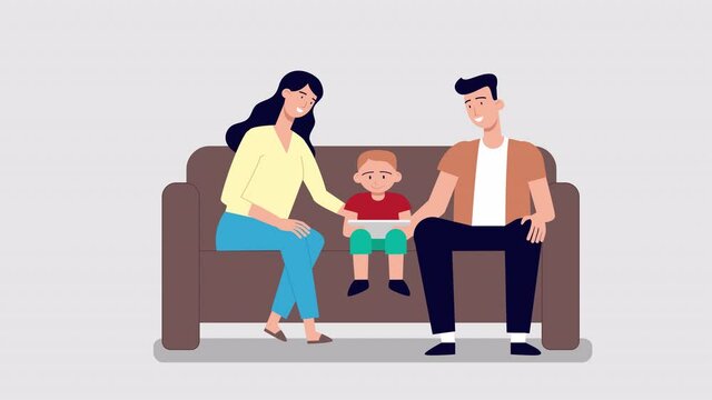 Animation of a friendly happy family sitting on the couch at home. Mother, father and son. Parents and a child spend time together. 2d flat style, motion graphics for explainer video