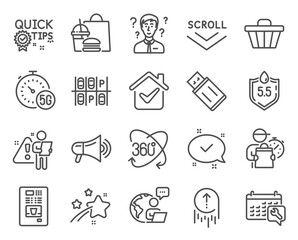 Technology icons set. Included icon as Coffee vending, Scroll down, 5g internet signs. Quick tips, Parking place, Swipe up symbols. Support consultant, Full rotation, Usb flash. Ph neutral. Vector