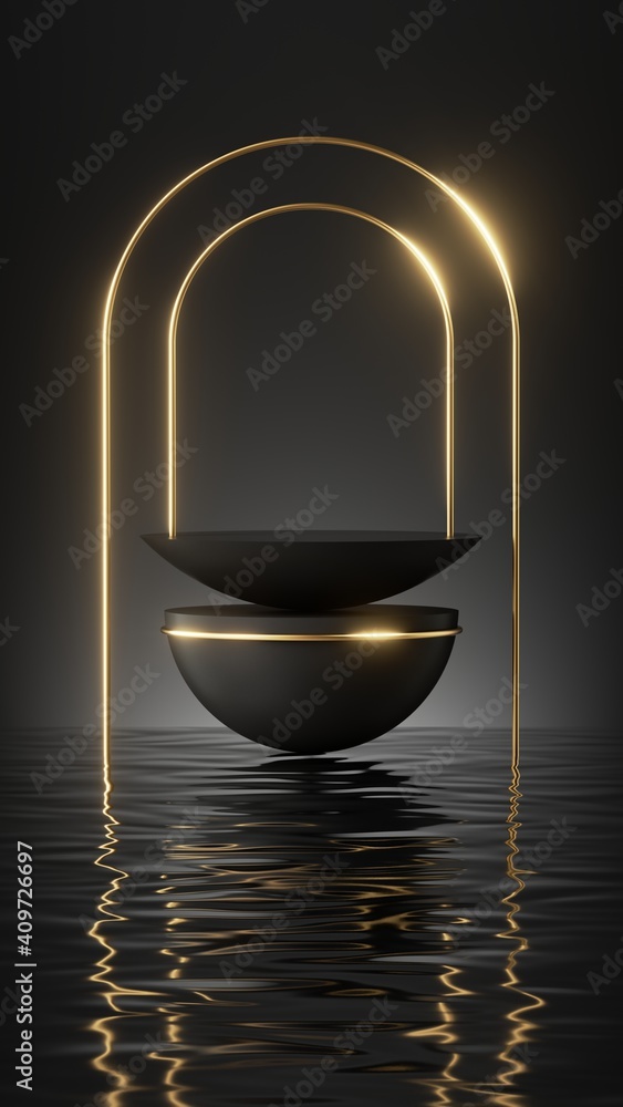 Poster 3d render, abstract minimal scene with simple geometric hemisphere podium and golden arches isolated