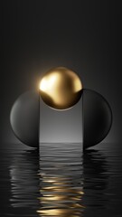 3d render, abstract minimal scene with simple geometric shapes: hemisphere and golden ball isolated on black background with wet floor