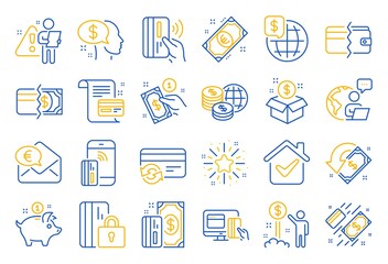 Money wallet line icons. Update credit card, Contactless payment and Piggy bank linear icons. Online payment, Dollar exchange and Fast money send. Private pay, Blocked credit card and Wallet. Vector
