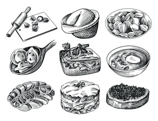Hand drawn sketch set of Russian cuisine. Board with dumplings and rolling pin, dumplings in plate, dumplings on spoon, Aspic, gelatin dish, borscht with sour cream, Smoked Herring and Potato, salad 