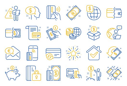 Money Wallet Line Icons. Update Credit Card, Contactless Payment And Piggy Bank Linear Icons. Online Payment, Dollar Exchange And Fast Money Send. Private Pay, Blocked Credit Card And Wallet. Vector