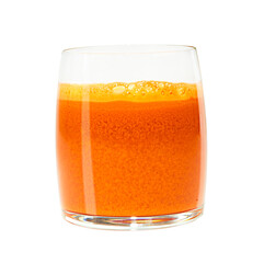 Fresh carrot juice in a glass isolated on a white background.