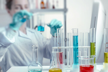 laboratory equipment, supplies, jars, bottles, cylinders, beakers, graduate, test-mixer, medicine-glass. Scientist pouring liquid into beakers in a chemical laboratory in defocus