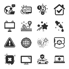 Set of Business icons, such as Seo internet, Reject, Time management symbols. Fireworks, Road banner, Medical help signs. Transport insurance, Chemistry pipette, Monitor. Web call. Vector