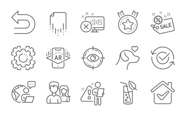 Eye target, Water glass and Pets care line icons set. Approved, Augmented reality and Ranking star signs. Recovery file, Sale and Seo gear symbols. Reject access, Undo and Teamwork. Vector