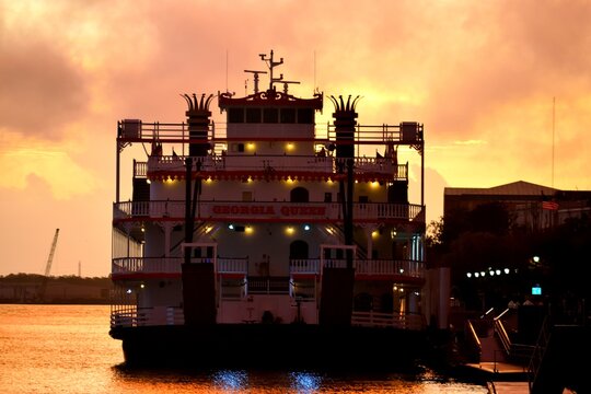 Riverboat Moored At The Savannah, Georgia Riverfront At Sunrise.