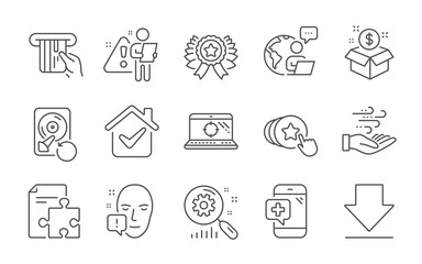 Strategy, Wind energy and Search statistics line icons set. Seo laptop, Face attention and Credit card signs. Hold heart, Recovery hdd and Medical phone symbols. Line icons set. Vector