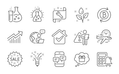 Calculator alarm, Sale and Phone messages line icons set. Chemistry lab, Refresh bitcoin and Chemistry flask signs. Inspiration, Demand curve and Spanner symbols. Line icons set. Vector
