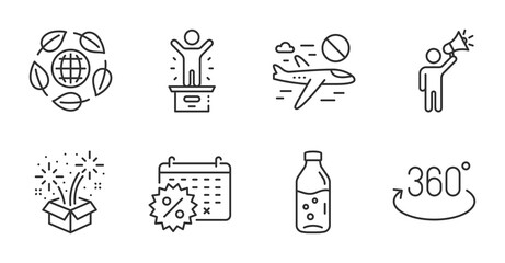 Calendar discounts, Brand ambassador and Fireworks line icons set. Winner podium, Water bottle and Eco organic signs. Full rotation, Cancel flight symbols. Quality line icons. Vector