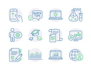 Science icons set. Included icon as Quick tips, Cogwheel, Chemistry lab signs. Documents, Throw hats, Money diagram symbols. Medical help, Copywriting, Swipe up. Candlestick chart. Vector