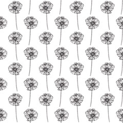 Cosmos flower sketch seamless pattern. Botanical illustration wallpaper. Hand drawn vintage style for print.