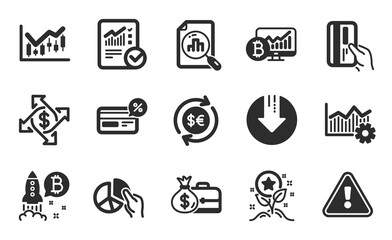 Download arrow, Financial diagram and Checked calculation icons simple set. Loyalty points, Analytics graph and Salary signs. Cashback, Money currency and Payment exchange symbols. Vector