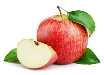 Ripe red apple fruit with slice and green leaves isolated on white background with clipping path