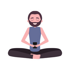 Smiling man with beard holding smartphone in his hands and sitting in lotus position. Person isolated on white background. Vector illustration for postcards, posters, design, advertising