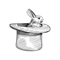 Fototapeta premium Hand drawn sketch of rabbit in a magician hat on a white background. Focus, magician, magic, trick, circus, illusion of deception