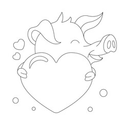 Cute pig with a heart. A pig in love. Vector outline illustration, black and white. Can be used for greeting cards, coloring pages, banners and themed holidays. 