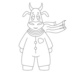 Cute bull with a heart. Enamored bull. Vector outline illustration, black and white. Can be used for greeting cards, coloring pages, banners and themed holidays. 