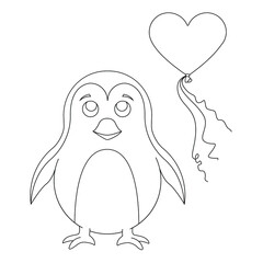 Very cute penguin with a heart-shaped balloon. Outline vector illustration in black and white. Can be used for postcards, banners, typography, kids logo, icons. And also for coloring 