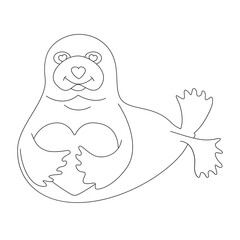 A funny seal with a heart in flippers. Vector outline illustration, black and white. Can be used for greeting cards, coloring pages, banners and themed holidays. 