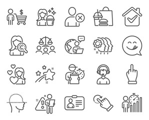 People icons set. Included icon as Delete user, Court jury, Business statistics signs. Rotation gesture, Face scanning, Cleaning symbols. Middle finger, Employees teamwork, Consultant. Vector
